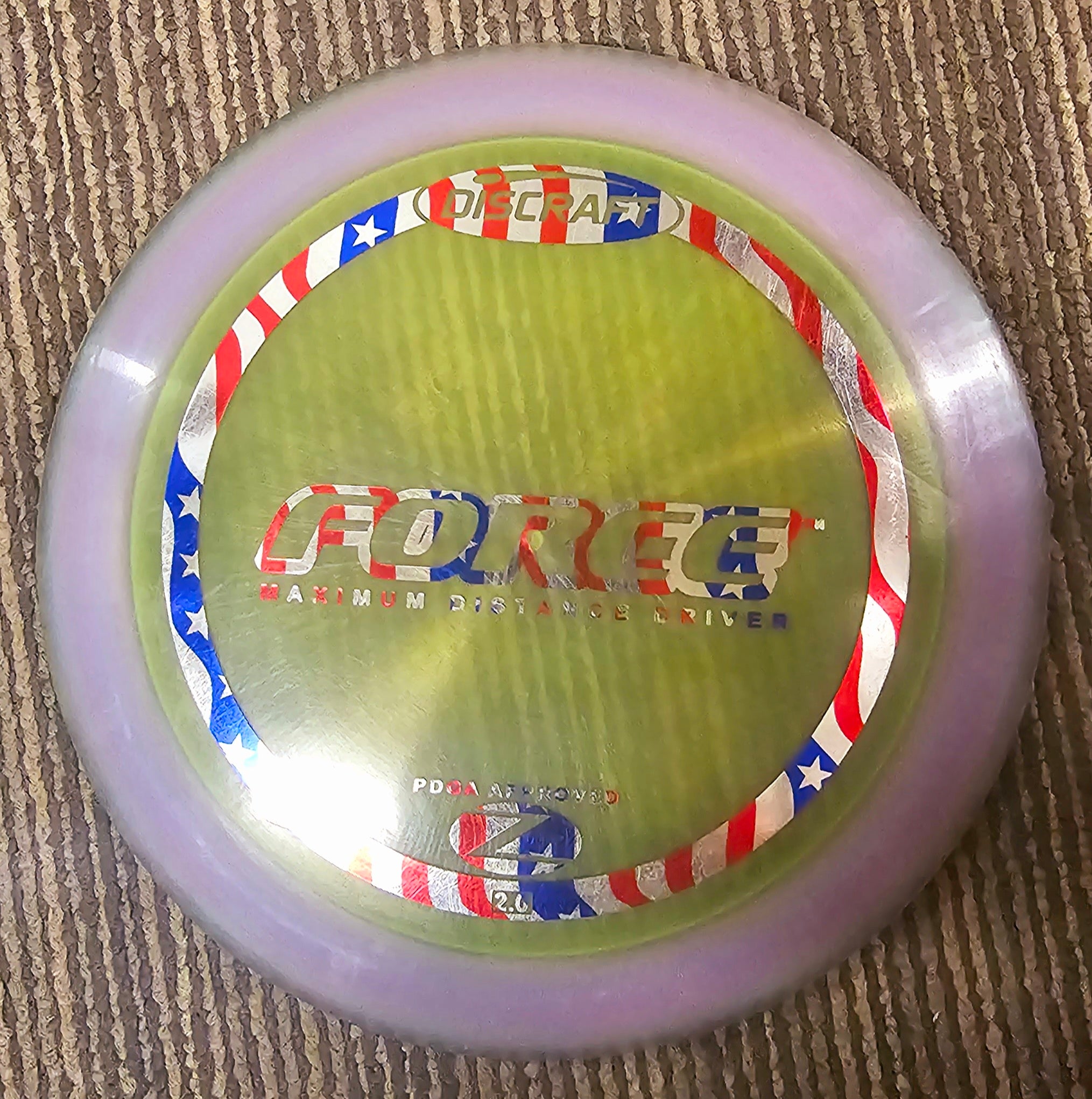 Load image into Gallery viewer, Discraft Force Distance Driver PFN, Blurple with Metallic Old Glory Stamp and HUV Back Dye - Z 172g